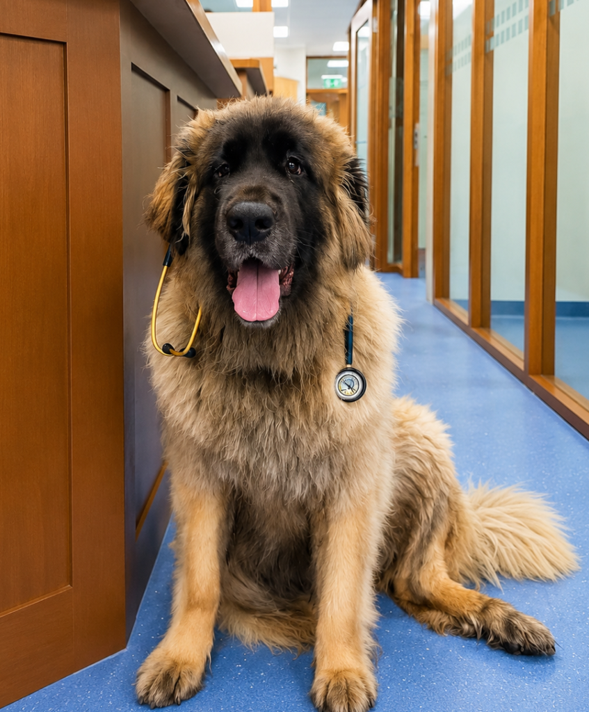 Betsy the clinic dog sitting in a veterinary clinic corridor, representing the welcoming care at Seafield Vets, Sandycove Veterinary Clinic and Montrose Veterinary Clinic.