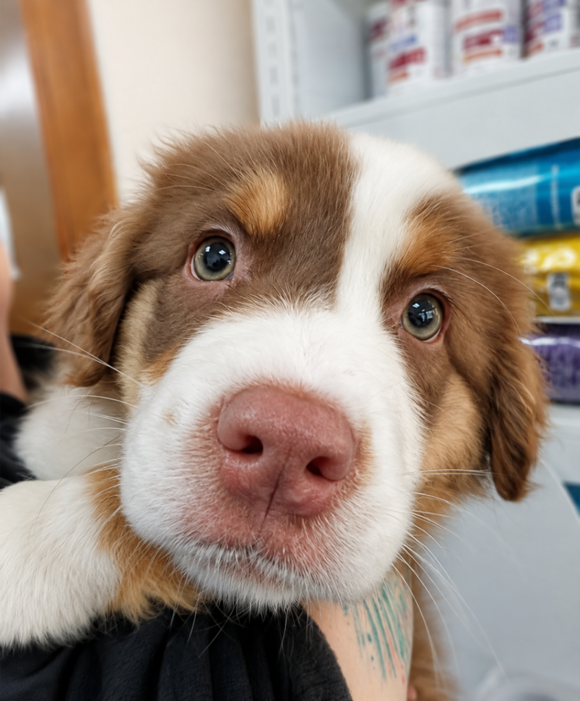 Portrait of a brown and white puppy during a veterinary visit at Seafield Vets, representing Sandycove Veterinary Clinic and Montrose Veterinary Clinic.